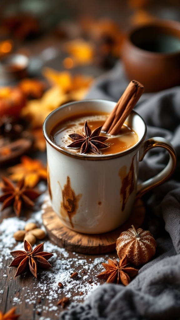 A cup of chai tea with spices and a cinnamon stick.