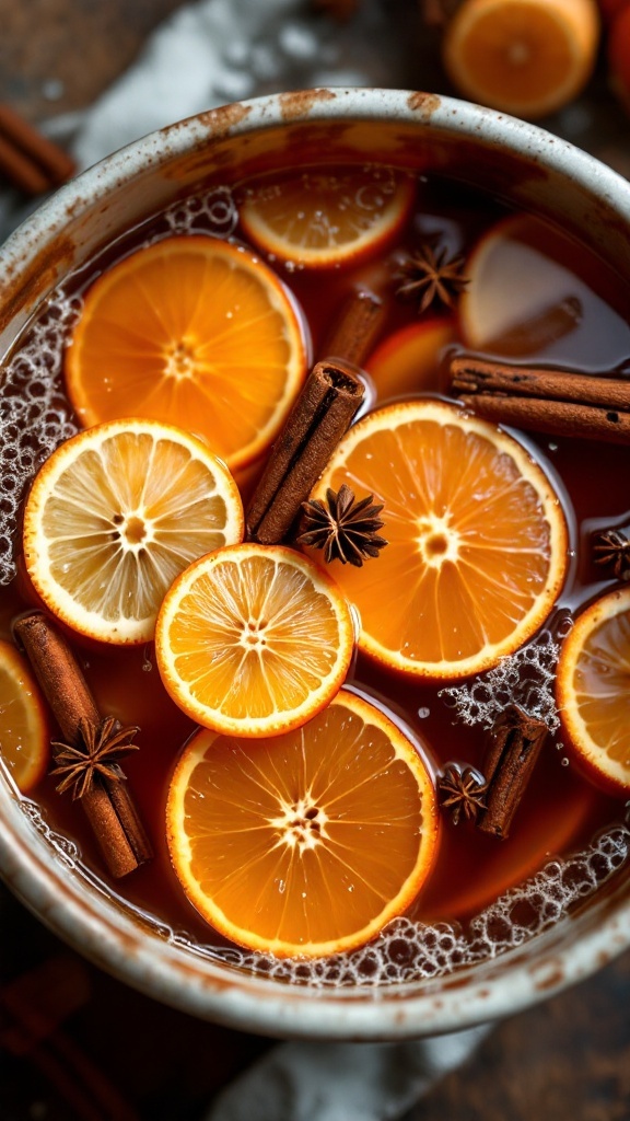 A warm and inviting bowl of cinnamon spiced rum punch with citrus slices and cinnamon sticks.