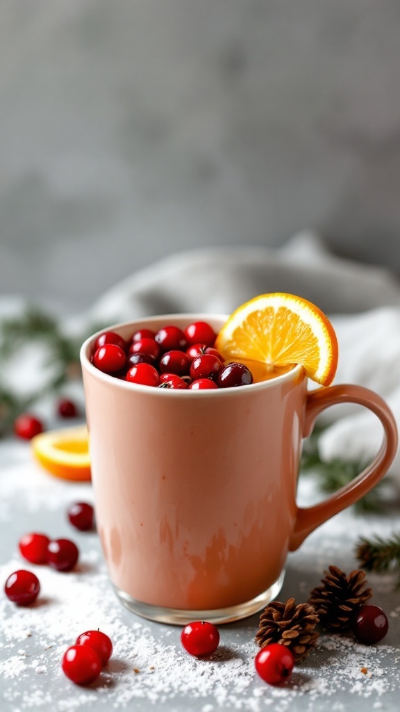 A cozy cup of cranberry orange hot cider garnished with cranberries and an orange slice.