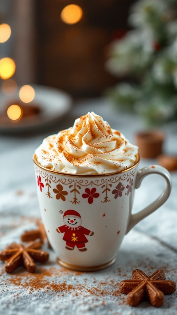 A cozy cup of gingerbread latte topped with whipped cream and nutmeg, accompanied by festive cookies.