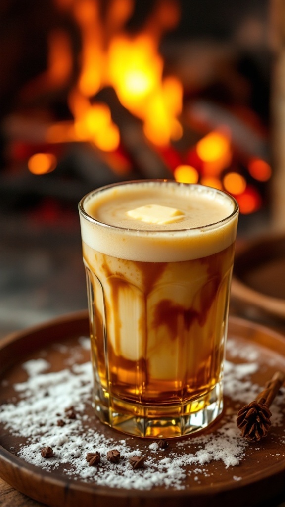 A cozy hot buttered bourbon cocktail with a pat of butter on top, served in a glass.