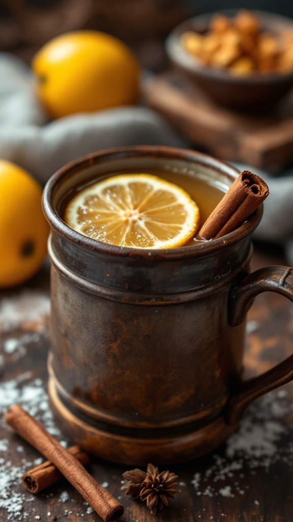 A cozy mug of Hot Toddy with honey and lemon, garnished with a cinnamon stick.