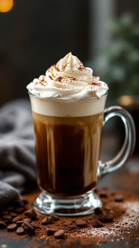 A glass of Irish coffee topped with whipped cream and cocoa powder, set against a cozy background.