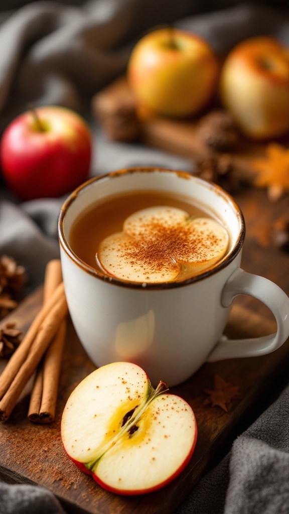 A cozy cup of hot apple cider garnished with apple slices and cinnamon sticks.