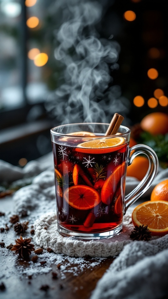 A steaming glass of mulled wine garnished with citrus slices and spices.