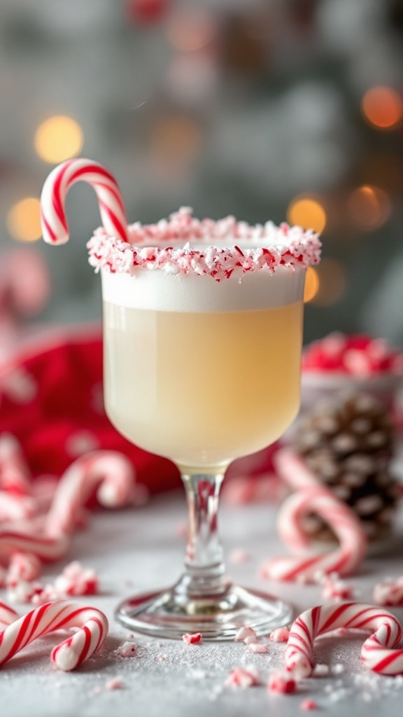 A festive Peppermint White Russian cocktail garnished with crushed candy canes.