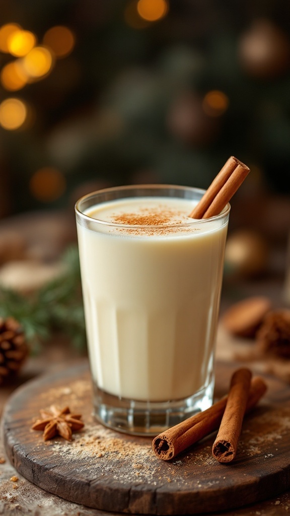 A glass of creamy spiked eggnog garnished with cinnamon sticks and a sprinkle of nutmeg.