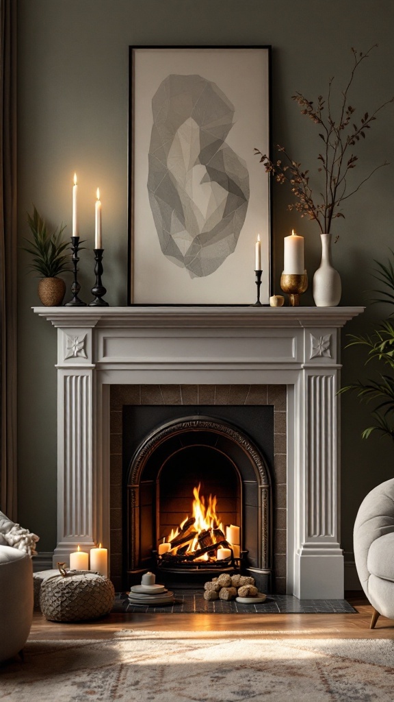 A cozy corner fireplace with candles, a plant, and geometric artwork, creating a warm atmosphere.