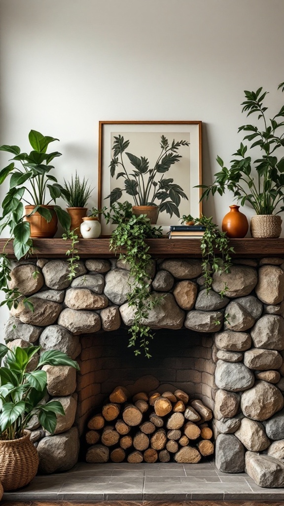 Decorative mantel with potted plants and artwork above a rock fireplace