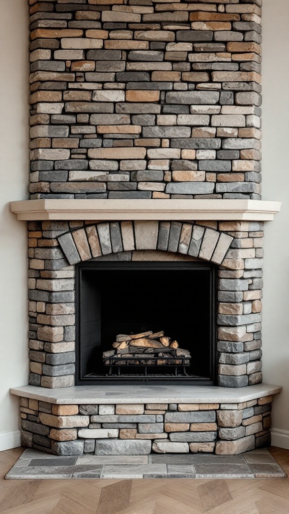 A stylish corner fireplace with a stone facade, featuring a rustic design and a light-colored mantel.