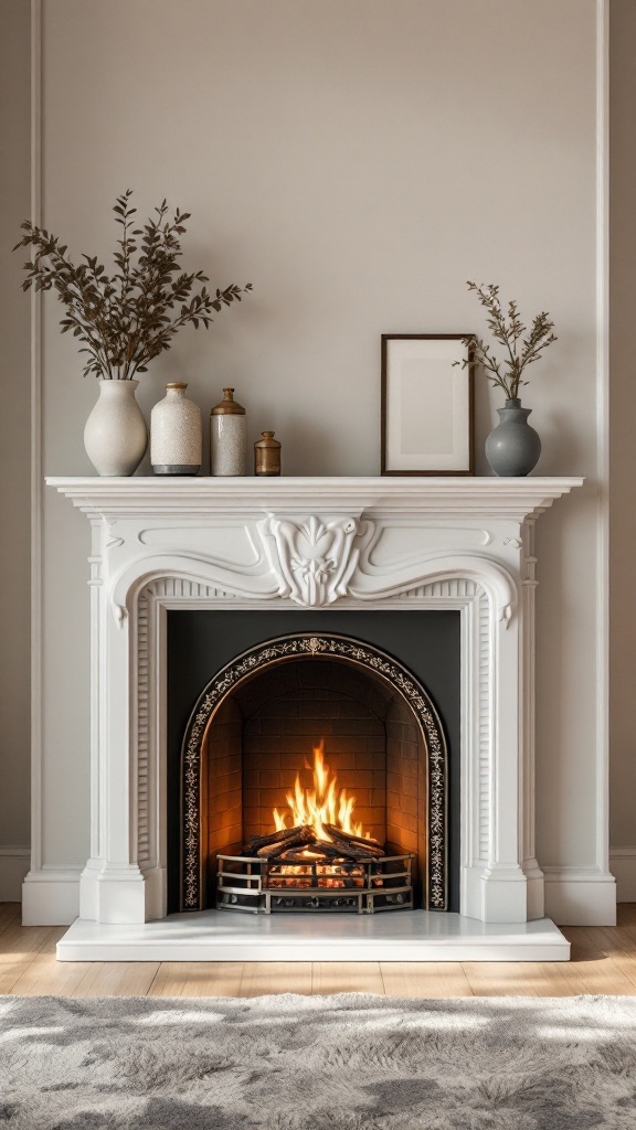 A stylish corner fireplace with an elegant white mantel, decorated with vases and a warm fire burning inside.