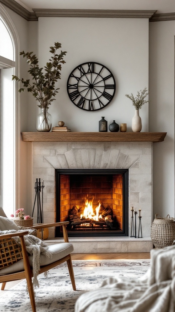 Cozy corner fireplace with a wooden mantel, stone finish, and decorative items
