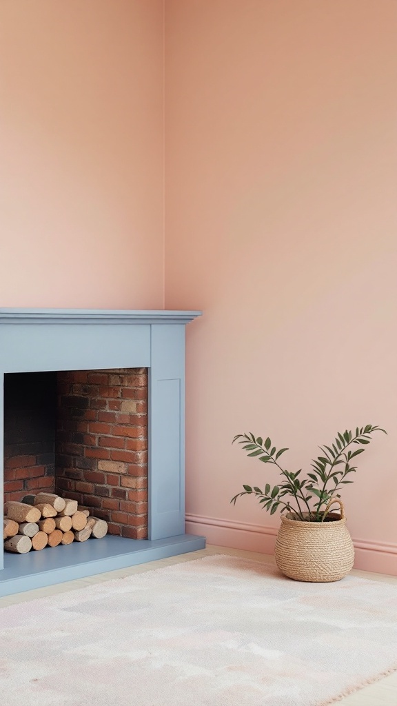 A corner fireplace with a light blue mantel and pink walls, featuring wood logs and a green plant.