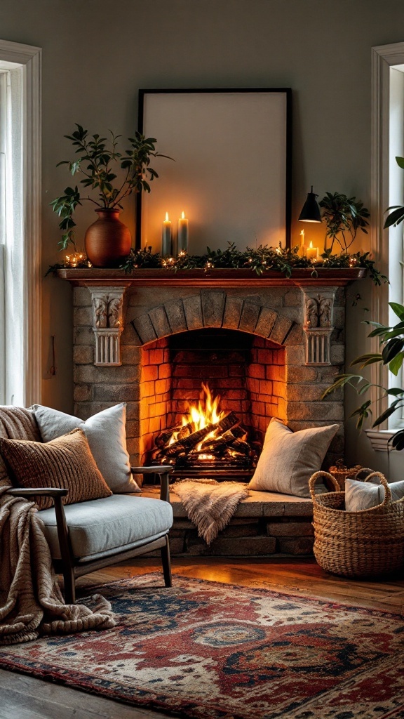 A corner fireplace with a cozy seating area, decorated with plants and candles.