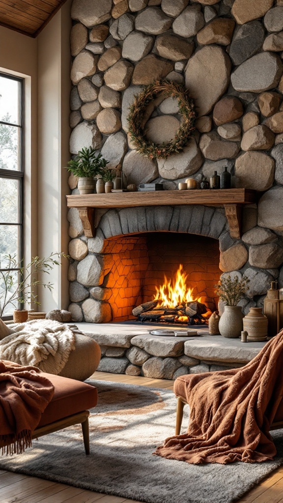 Cozy living room with a rock fireplace, warm flames, and comfortable seating.