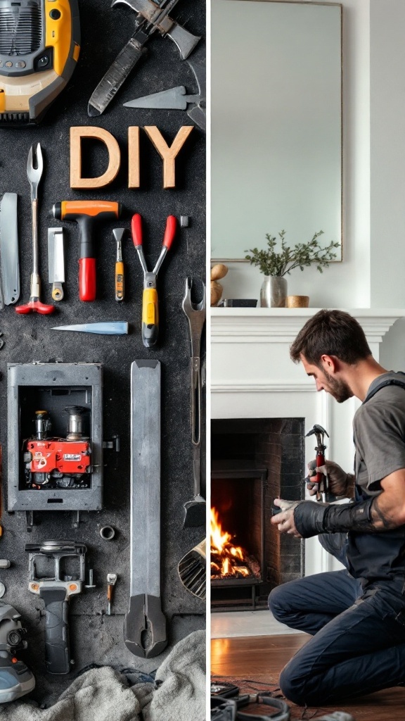 A collection of tools with DIY spelled out and a person working on a rock fireplace.