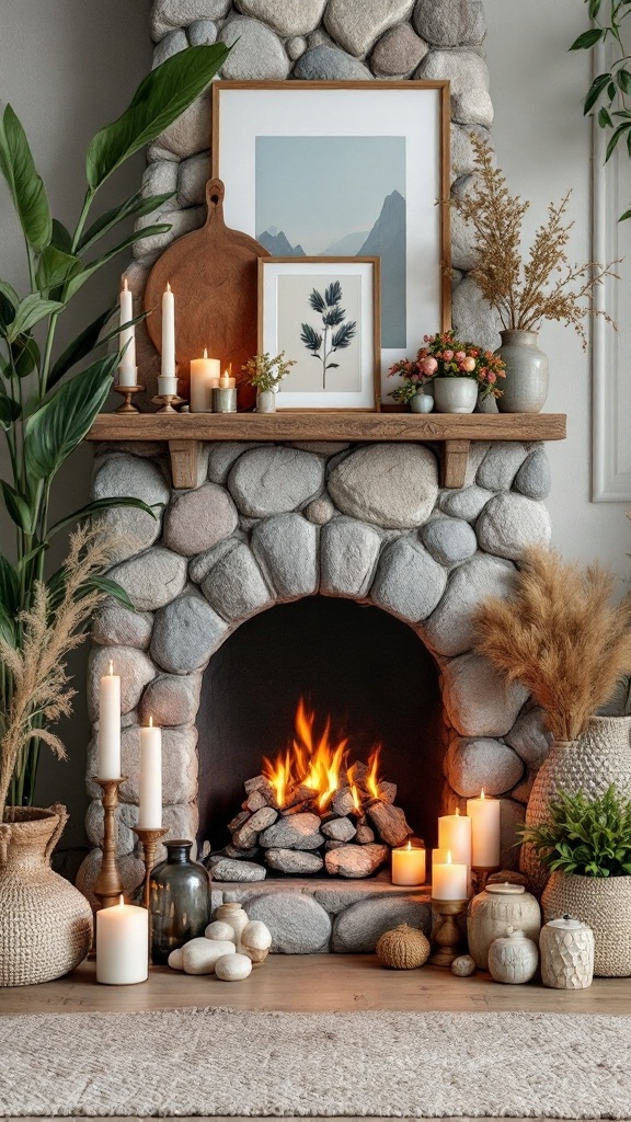 A rock fireplace styled with plants, candles, and artwork on the mantel.