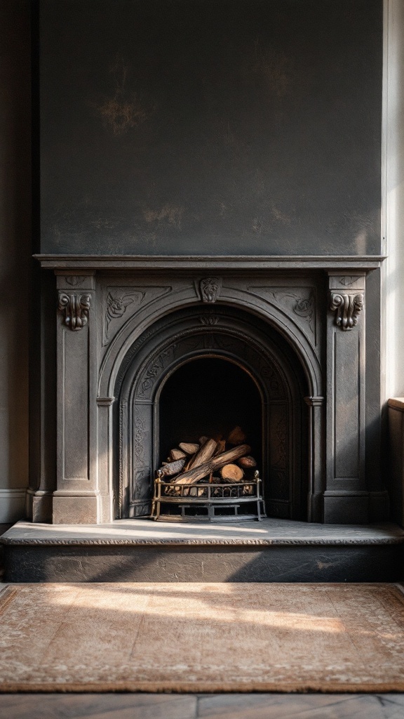 A corner fireplace with an elegant hearth, featuring a slate base and decorated mantle