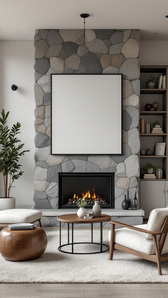 Modern rock fireplace with light stones, dark frame, and contemporary furniture