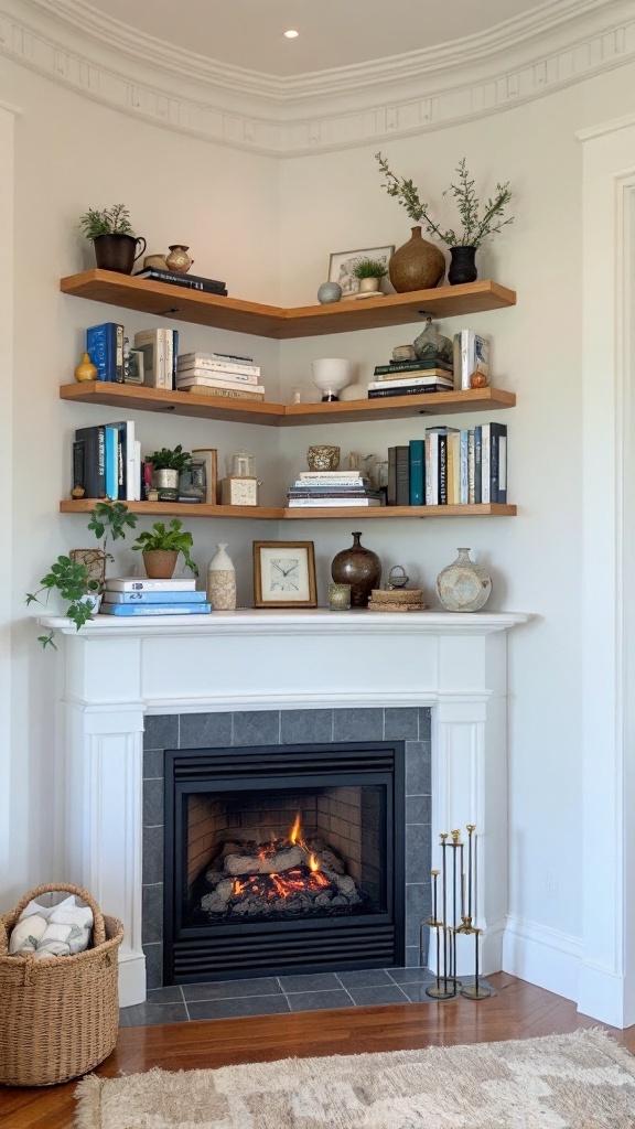 A corner fireplace with floating shelves displaying books and decor.