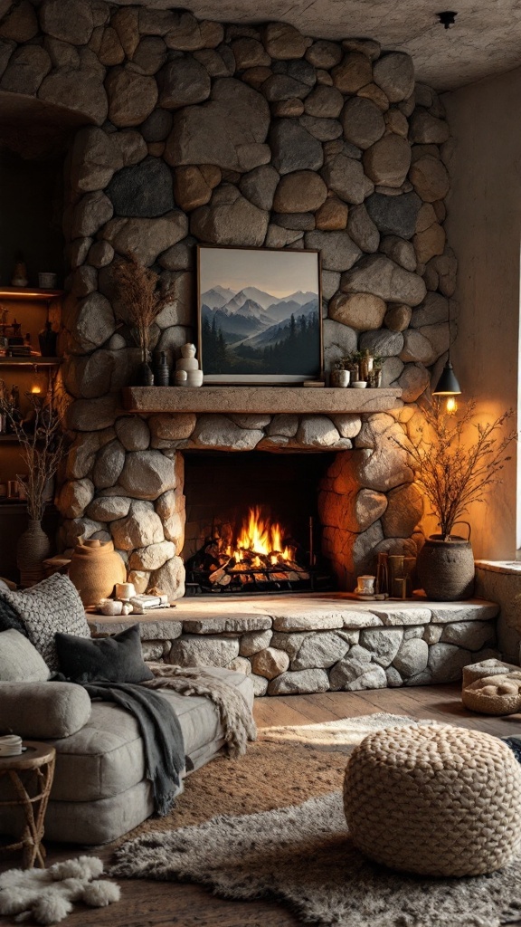 Cozy living room with a rock fireplace, warm fire, and ambient lighting.