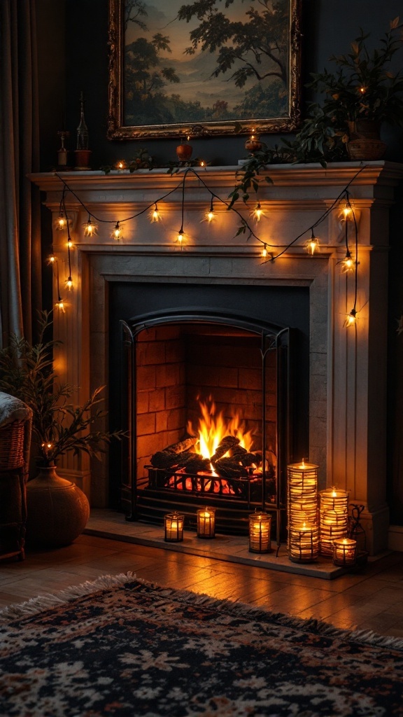 Cozy corner fireplace with string lights and candles