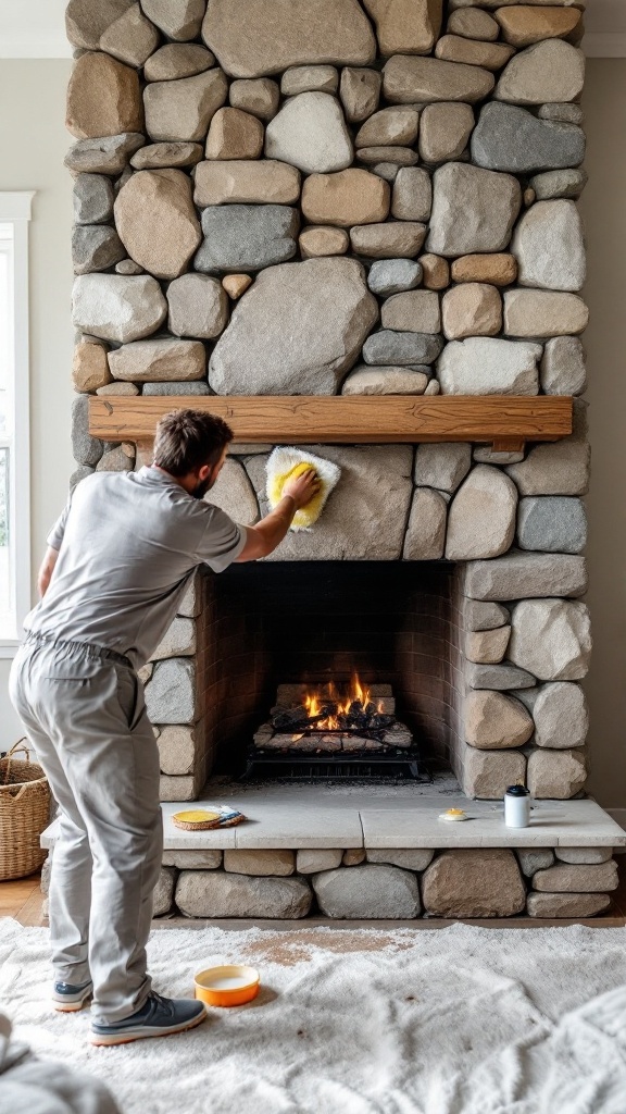 A person cleaning a rock fireplace while a fire burns inside.