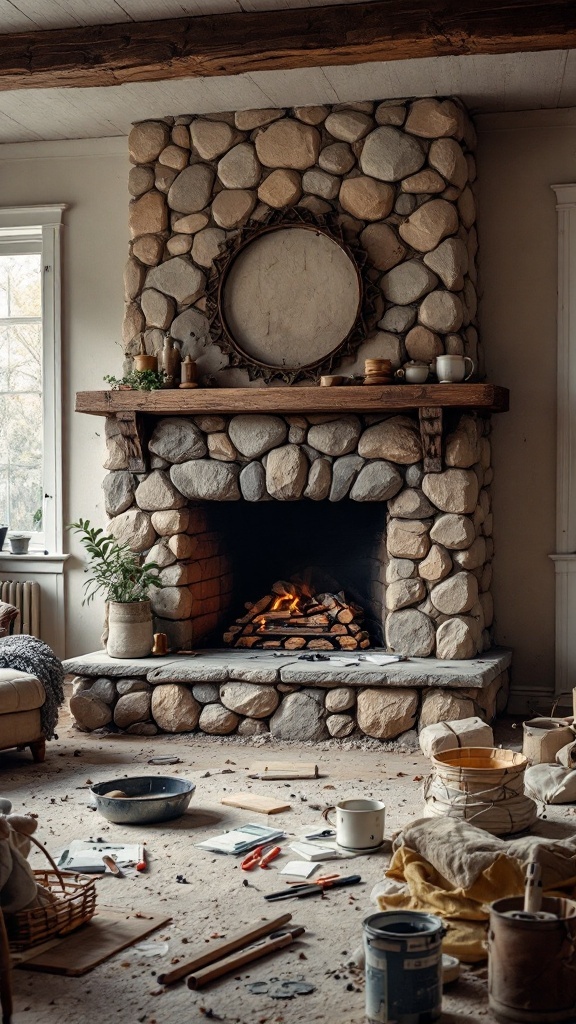 A messy living room with a rock fireplace, tools, and scattered materials, indicating a fireplace makeover in progress.