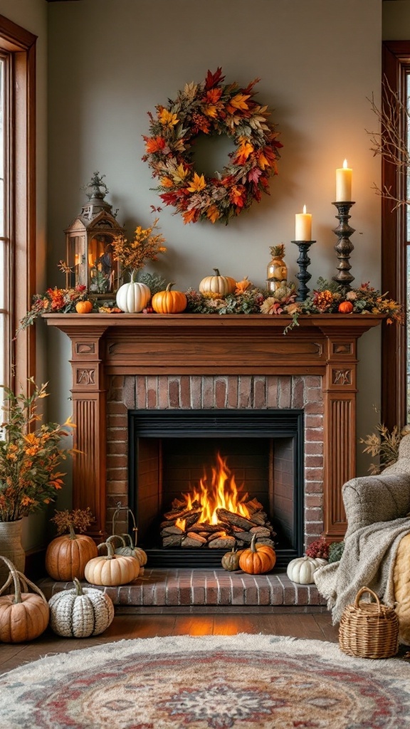 Cozy corner fireplace decorated for fall with pumpkins, candles, and a wreath