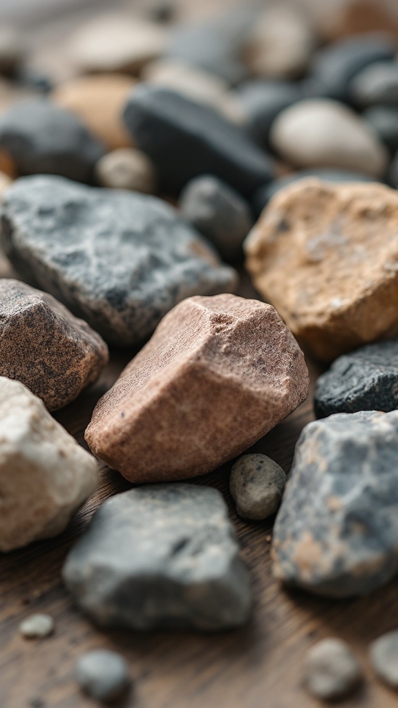 A variety of stones, including different colors and textures, suitable for a rock fireplace.
