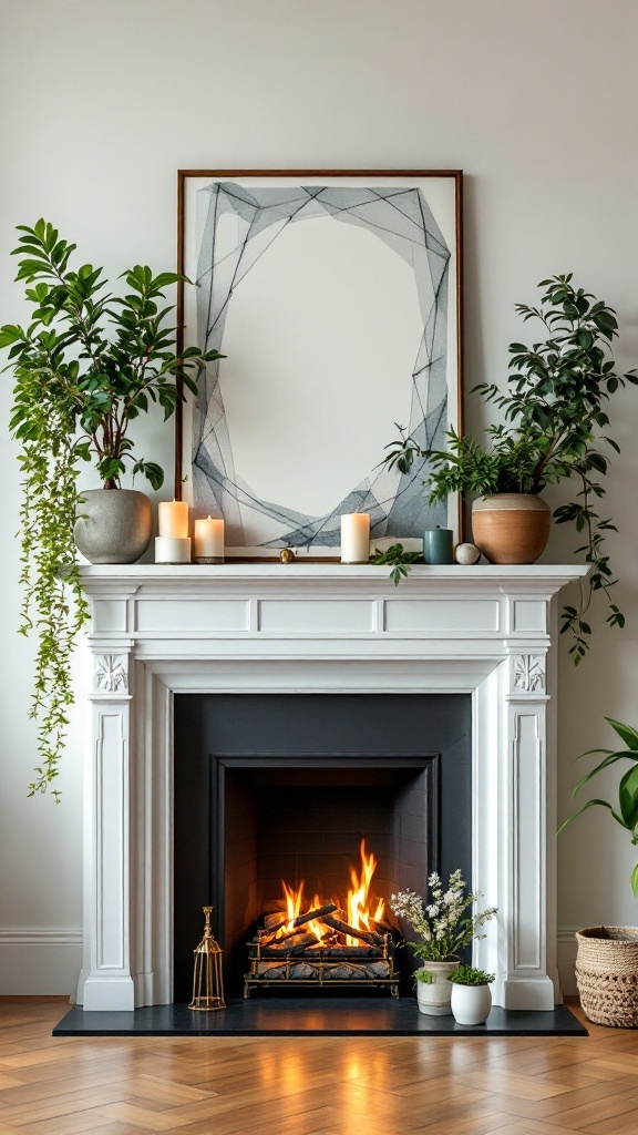 A modern fireplace with a white mantel, decorative plants, candles, and minimalist artwork above.