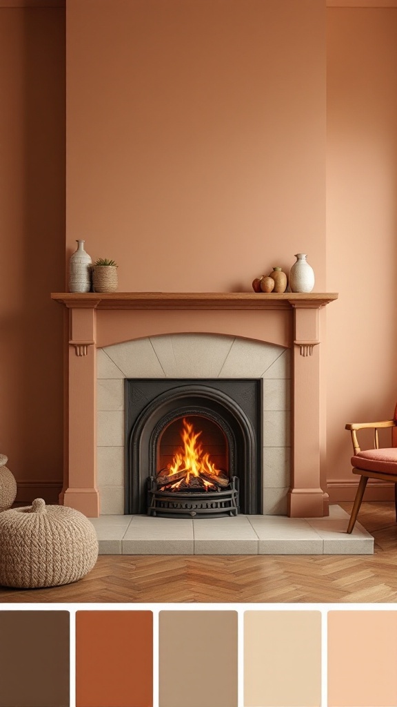 A cozy fireplace with a peach wall and earthy color palette options below.