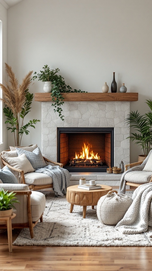 Cozy seating area around a fireplace with soft chairs, a wooden table, and plants.