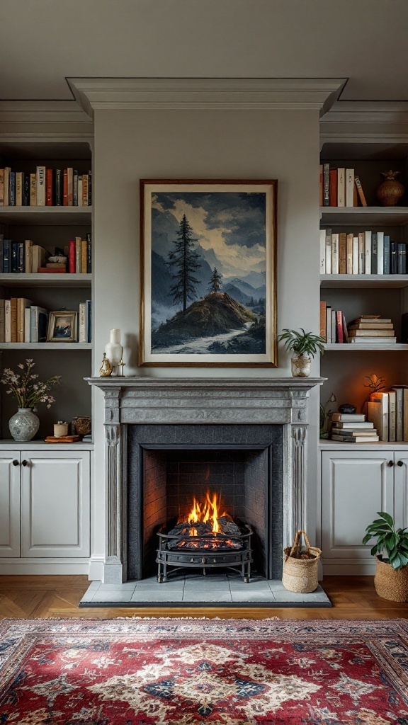 Cozy fireplace with built-in shelves showcasing books and decor