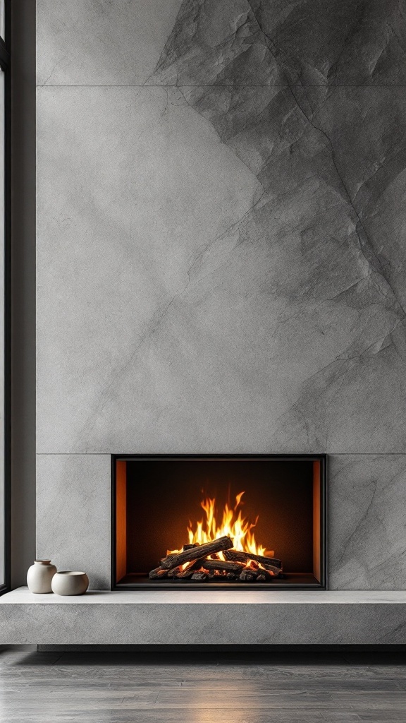 A modern fireplace with a grey stone wall and a clean design, featuring a firewood arrangement.