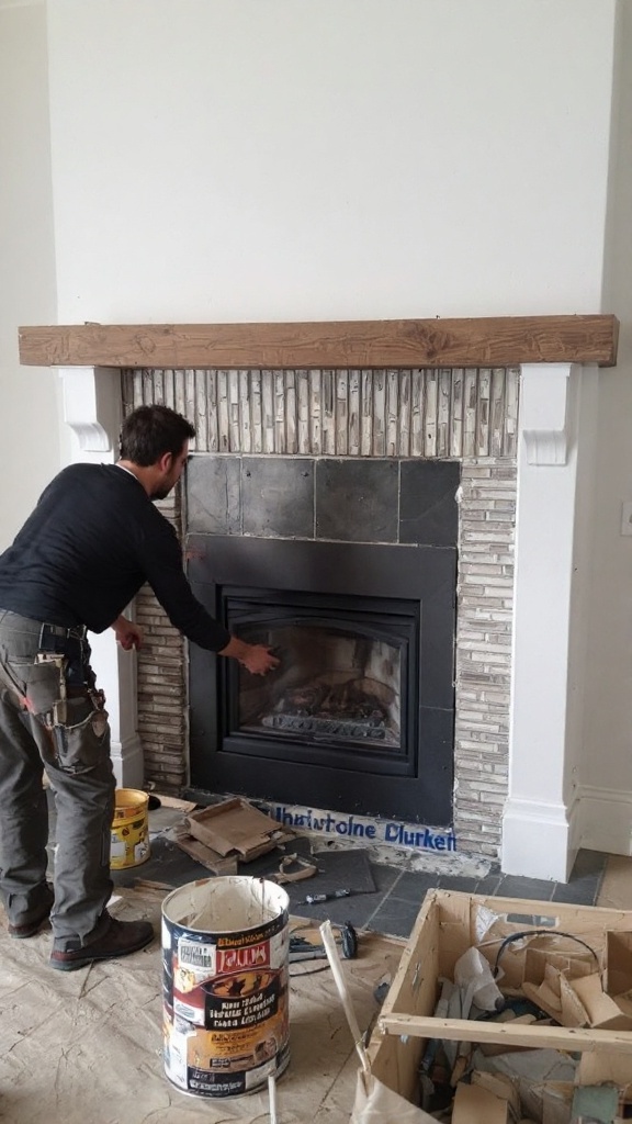 A worker installing a modern fireplace insert surrounded by construction materials and unfinished stonework.