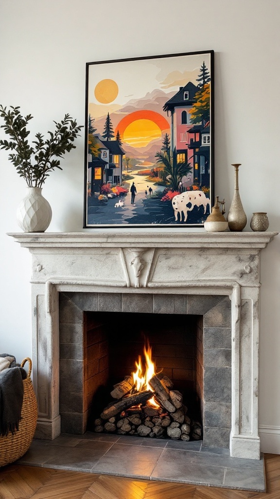 A beautifully arranged fireplace with a colorful artwork, showcasing a sunset and countryside scene, along with decorative items on the mantel.