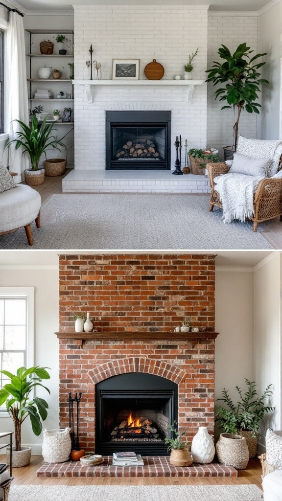 Before and after image showing a 90s brick fireplace makeover with a modern white design.