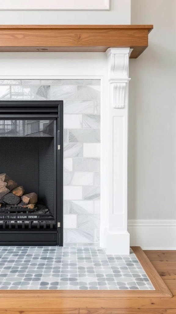 Modern fireplace makeover with gray tiles and wooden mantel