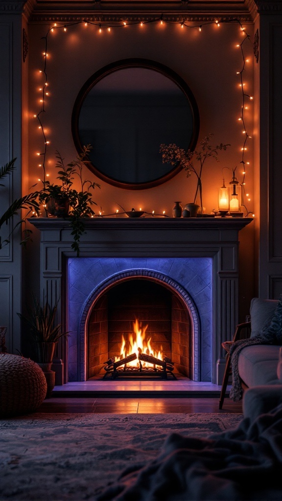 A cozy fireplace decorated with warm lights and a blue glow.