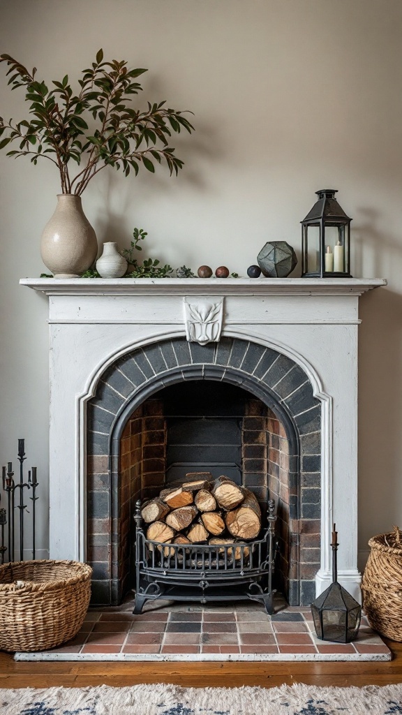 An old fireplace styled with modern accessories, featuring logs, plants, and decorative lanterns.