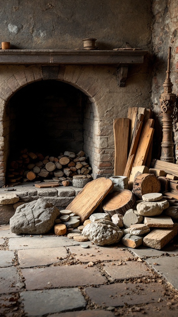 An old fireplace with a rustic stone and wood design, surrounded by logs and stones.