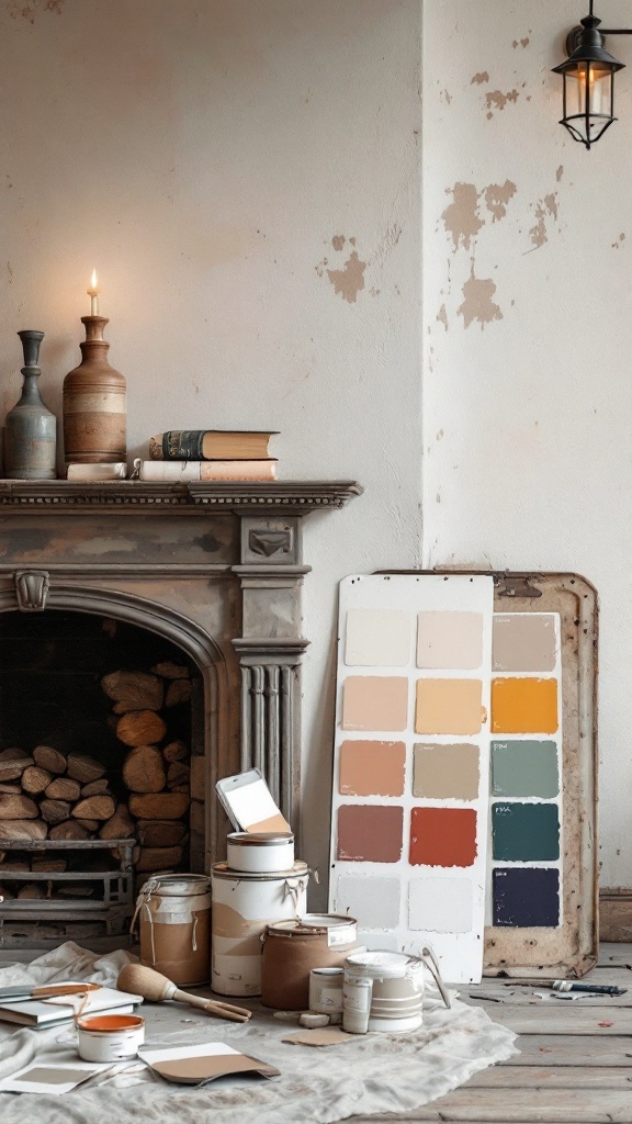 An old fireplace with various paint samples and tools arranged around it, showcasing a cozy and inviting setting.