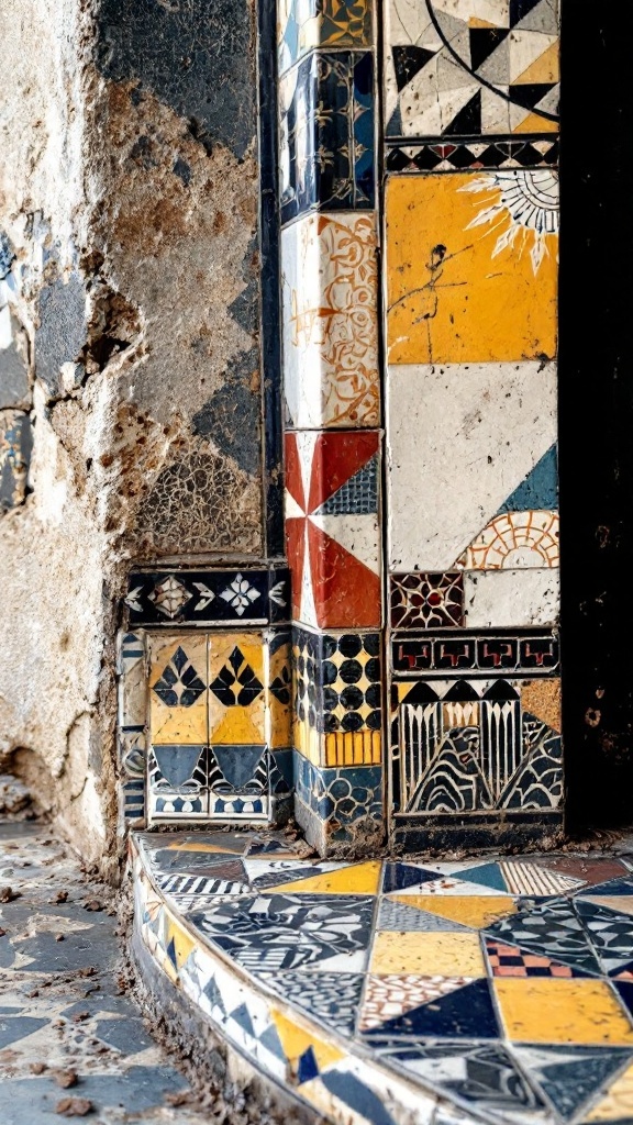 Colorful tiled fireplace surround with geometric patterns
