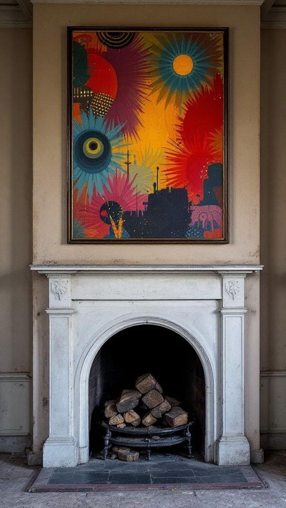 A colorful artwork hangs above a classic white fireplace with stacked logs inside.