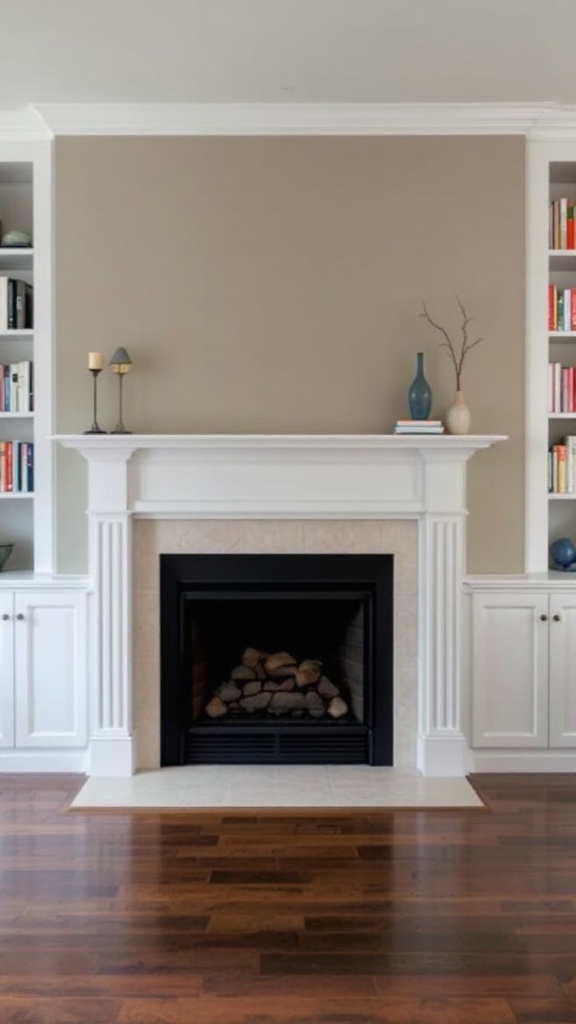 A modern fireplace with built-in shelving on both sides, featuring neutral colors and decorative items.