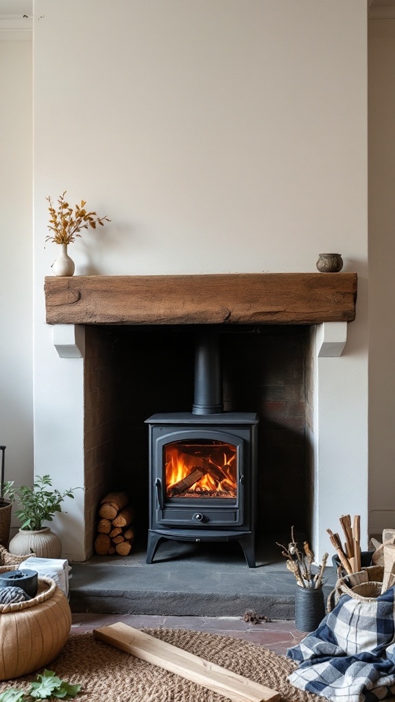 A modern wood stove in an updated fireplace setting with natural decor.