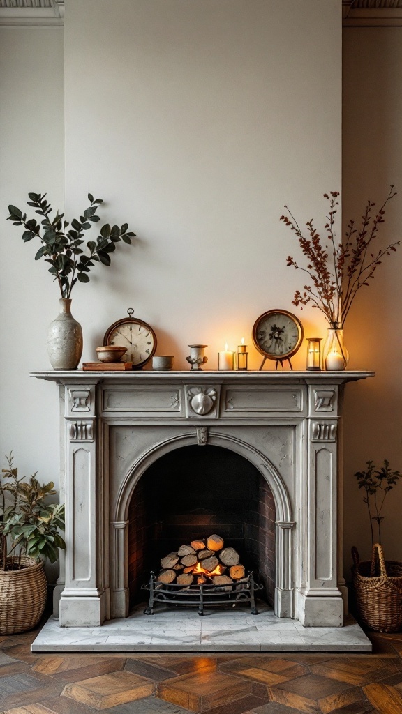 A stylish fireplace with a decorative mantel featuring plants, candles, and a vintage clock.