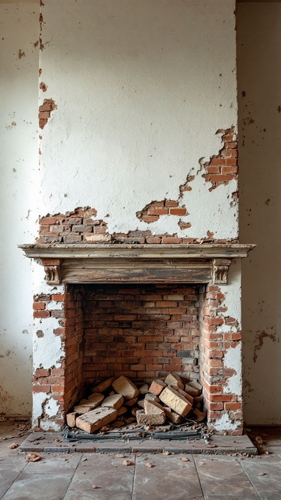 An old fireplace with exposed bricks and a worn-out appearance