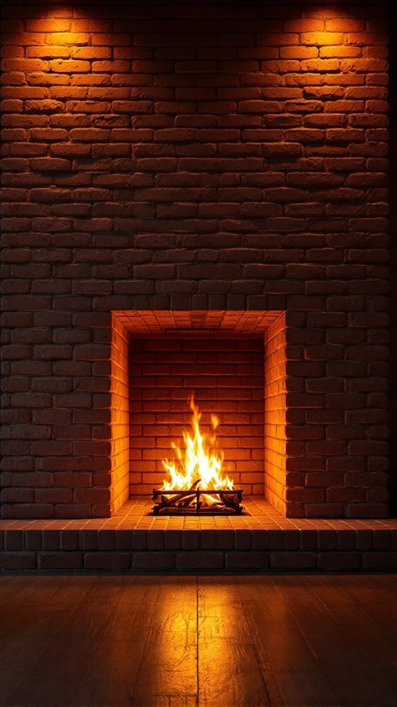 A beautifully lit brick fireplace with warm accent lights illuminating the surrounding wall.